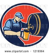 Vector Clip Art of Retro Bartender Pouring a Beer from a Keg in an Oval by Patrimonio
