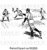 Vector Clip Art of Retro Baseball Player Running for a Base As a Ball Is Thrown by Prawny Vintage