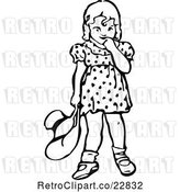 Vector Clip Art of Retro Bashful Girl Holding a Hat and Looking down by Prawny Vintage
