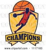 Vector Clip Art of Retro Basketball Player Athlete Dribbling on a Shield with CHAMPIONS Text by Patrimonio