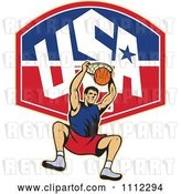 Vector Clip Art of Retro Basketball Player Dunking the Ball over a USA Backboard by Patrimonio