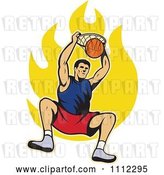 Vector Clip Art of Retro Basketball Player Dunking the Ball over Flames by Patrimonio