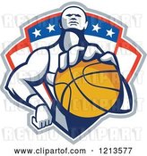 Vector Clip Art of Retro Basketball Player Holding a Ball over a Patriotic Shield by Patrimonio