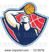 Vector Clip Art of Retro Basketball Player Holding a Ball over His Head in a Shield by Patrimonio