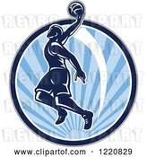 Vector Clip Art of Retro Basketball Player Jumping for a Slam Dunk over a Circle of Blue Sunshine by Patrimonio