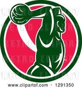 Vector Clip Art of Retro Basketball Player Jumping for a Slam Dunk over a Green White and Pink Circle by Patrimonio