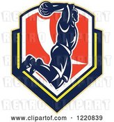 Vector Clip Art of Retro Basketball Player Jumping for a Slam Dunk over a Shield by Patrimonio