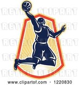 Vector Clip Art of Retro Basketball Player Jumping for a Slam Dunk over a Sunny Crest by Patrimonio