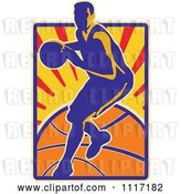 Vector Clip Art of Retro Basketball Player over Rays and a Ball by Patrimonio