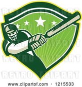 Vector Clip Art of Retro Batsman Cricket Player Swinging in a Green Shield with Stars and Sunshine by Patrimonio