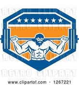 Vector Clip Art of Retro Bearded Muscular Male Bodybuilder Squatting with a Barbell in a Blue White and Orange Shield by Patrimonio