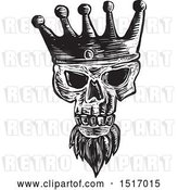 Vector Clip Art of Retro Bearded Skull Wearing a Kings Crown, in Woodcut by Patrimonio