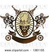 Vector Clip Art of Retro Bearded Steampunk Guy in an Oval Ray Frame with Gears and a Banner by BNP Design Studio