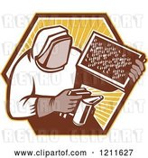 Vector Clip Art of Retro Bee Keeper Holding a Smoker and Frame over an Octagon of Rays by Patrimonio