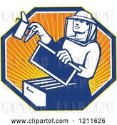 Vector Clip Art of Retro Bee Keeper Holding a Smoker over an Octagon of Rays by Patrimonio