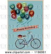 Vector Clip Art of Retro Bicycle and Balloon Happy Birthday Greeting on Blue by Eugene