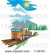 Vector Clip Art of Retro Big Rig Logging Truck in the Mountains by Patrimonio