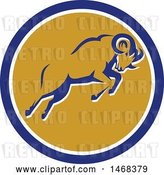 Vector Clip Art of Retro Bighorn Mountain Sheep Leaping in a Blue White and Orange Circle by Patrimonio