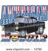 Vector Clip Art of Retro Black 1955 Chevy Muscle Car with Text Reading "American Muscle" with Stars and Stripes by Andy Nortnik