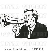 Vector Clip Art of Retro Black and Business Man Shouting into a Megaphone by Patrimonio