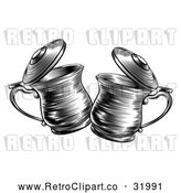 Vector Clip Art of Retro Black and White Tankards Chinking Together by AtStockIllustration