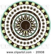 Vector Clip Art of Retro Black and Yellow Sun in the Center of a Circle of Floral Patterns over a White Background by Elaineitalia