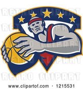 Vector Clip Art of Retro Black Basketball Player with a Ball over a Triangle with Stars by Patrimonio