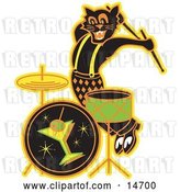 Vector Clip Art of Retro Black Cat Playing the Drums While Entertaining at a Bar Clipart Illustration by Andy Nortnik