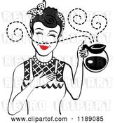 Vector Clip Art of Retro Black Haired Waitress or Housewife Smelling the Aroma of Fresh Hot Coffee in a Pot 2 by Andy Nortnik