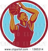 Vector Clip Art of Retro Black Male Basketball Player Doing a Layup in a Red White and Blue Circle by Patrimonio