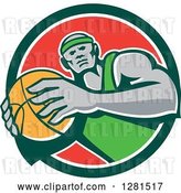 Vector Clip Art of Retro Black Male Basketball Player Holding a Ball in a Green White and Red Circle by Patrimonio