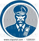 Vector Clip Art of Retro Black Security Guard in a Blue and Gray Circle by Patrimonio