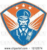 Vector Clip Art of Retro Black Security Guard over a Blue and Orange Shield by Patrimonio