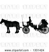 Vector Clip Art of Retro Black Silhouetted Coachman Sitting on a Horse Drawn Buggy Carriage, in Profile by Maria Bell