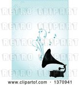 Vector Clip Art of Retro Black Silhouetted Gramophone Playing Music over a Blue Background with Dots by Pushkin