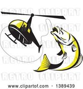 Vector Clip Art of Retro Black White and Yellow Barramundi Asian Sea Bass Fish Jumping and Swallowing a Fishing Line Attached to a Helicopter by Patrimonio