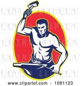 Vector Clip Art of Retro Blacksmith Hammering over a Red Oval by Patrimonio