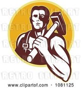 Vector Clip Art of Retro Blacksmith with a Hammer on His Shoulder over a Yellow Circle by Patrimonio