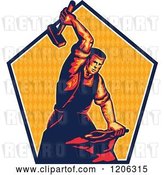 Vector Clip Art of Retro Blacksmith Worker Guy Striking an Anvil with a Sledgehammer over a Triangle Patterned Pentagon by Patrimonio