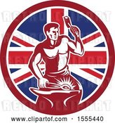 Vector Clip Art of Retro Blacksmith Worker Hammering in a Union Jack Flag Circle by Patrimonio