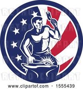 Vector Clip Art of Retro Blacksmith Worker Hammering in an American Flag Circle by Patrimonio