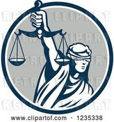 Vector Clip Art of Retro Blindfolded Lady Justice Holding Scales in a Blue and Gray Circle by Patrimonio