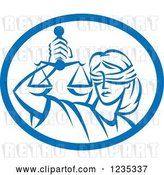 Vector Clip Art of Retro Blindfolded Lady Justice Holding Scales in a Blue and White Oval by Patrimonio