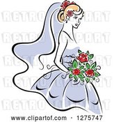 Vector Clip Art of Retro Blond Bride in a Periwinkle Dress, with Red Flowers by Vector Tradition SM