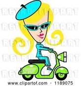 Vector Clip Art of Retro Blond Lady Dressed in Blue, Riding a Green Scooter by Andy Nortnik
