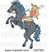 Vector Clip Art of Retro Blond White Cowgirl Waving and Riding a Rearing Horse by Andy Nortnik
