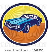 Vector Clip Art of Retro Blue American Muscle Car in a Navy Blue, White and Sunset Ray Oval by Patrimonio