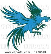 Vector Clip Art of Retro Blue and Green Flying and Fighting Rooster by Patrimonio