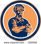 Vector Clip Art of Retro Blue and Orange Carpenter Guy in a Circle by Patrimonio