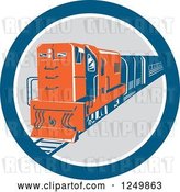 Vector Clip Art of Retro Blue and Orange Diesel Train in a Circle by Patrimonio